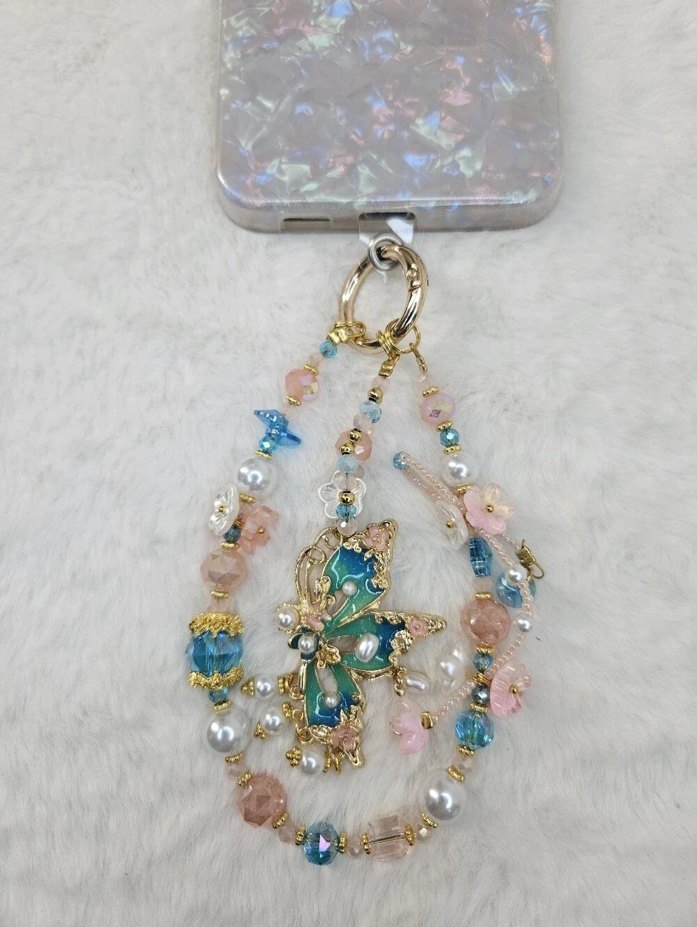 Gold Butterfly Phone Charm with Blue and Pink Beads